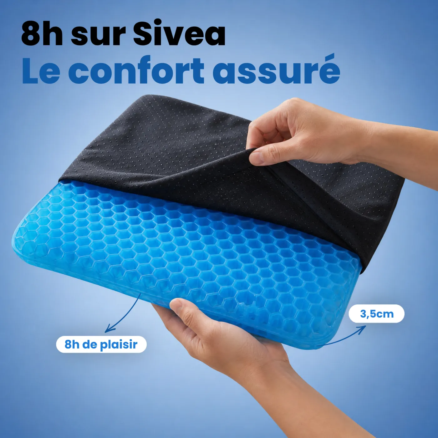 Coussin SIVEA de profil mesurant 3,5 cm d'épaisseur avec une règle
